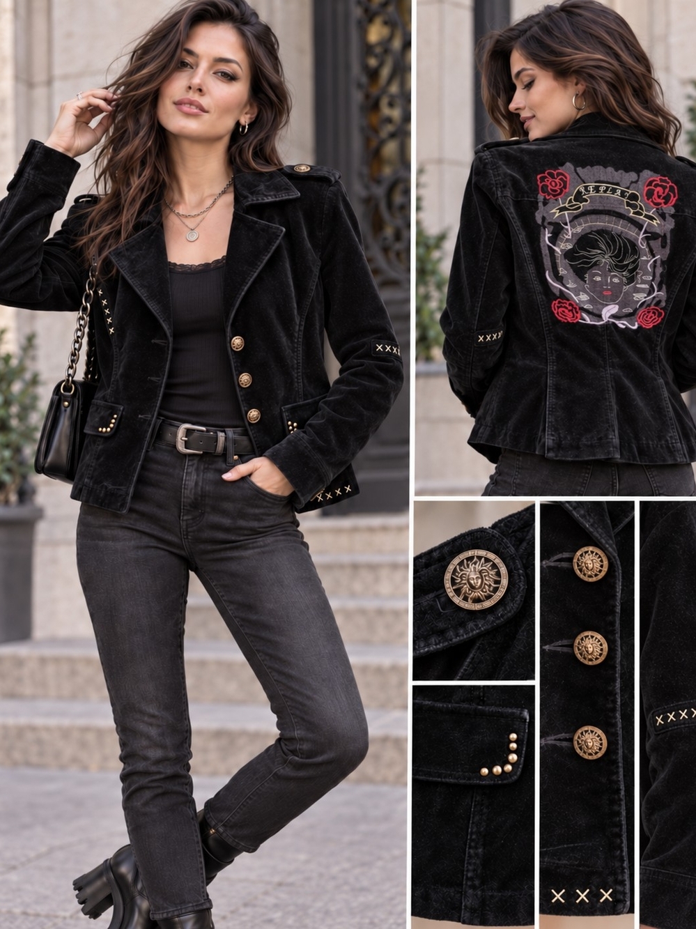Replay Black Velvet Embroidered Military-Style Blazer